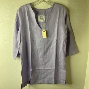 LINEN Simple Laguna Beach Tunic Blouse Lavender Lilac Button Down Shirt top